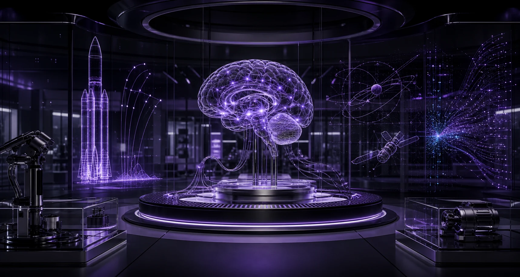 AMRN Tech technical visualization connecting neuroscience, rockets and orbital systems